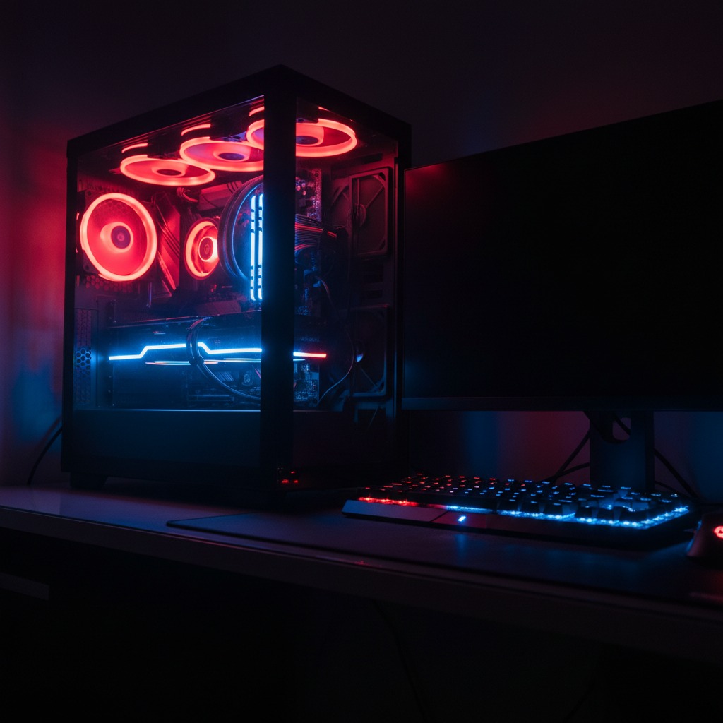 A gaming computer tower with red and blue interior lighting sits on a desk next to a monitor and a backlit keyboard.