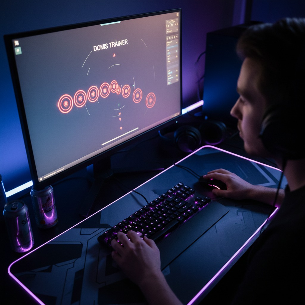 A gamer uses a mouse and keyboard to play an aim-training game on a computer monitor in a dimly lit room with purple ambient lighting.