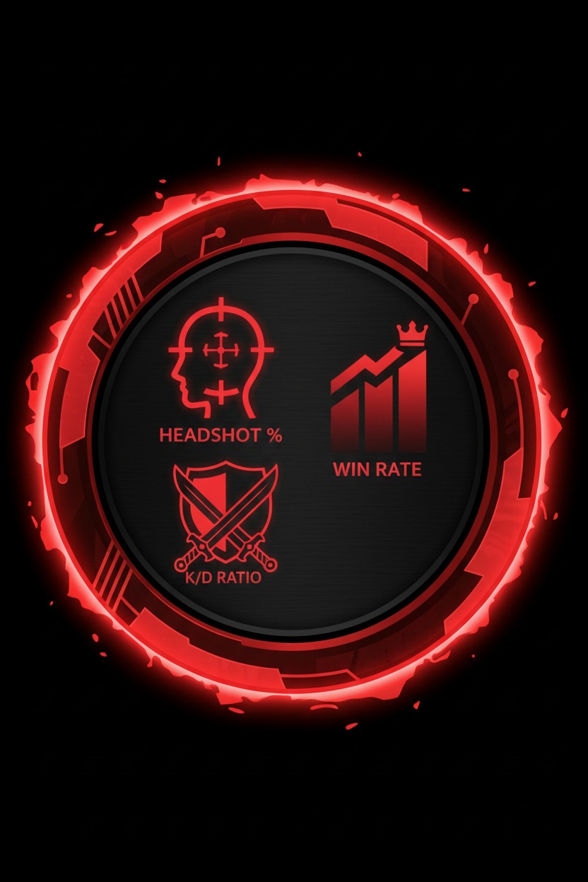 A glowing red circular interface displays gaming statistics for headshot percentage, win rate, and kill-death ratio.