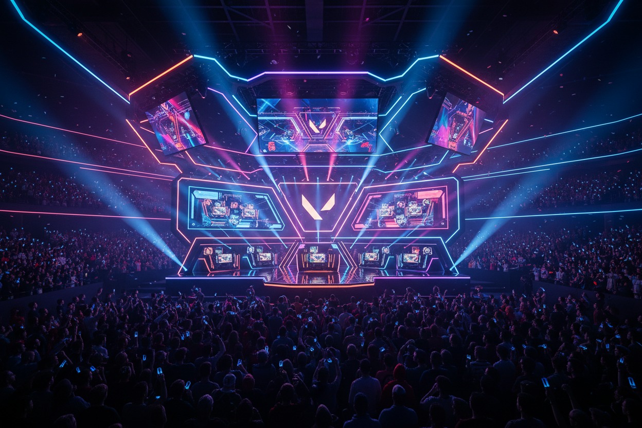 A large crowd watches an esports tournament on a brightly lit stage featuring neon blue and red accents and multiple large screens.